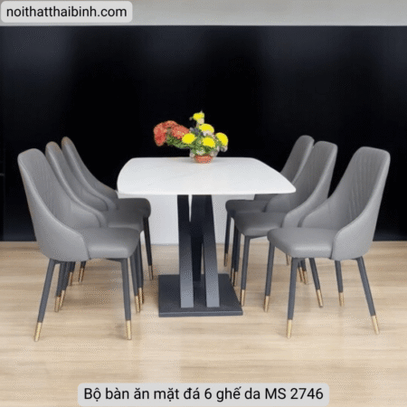 Bộ bàn ăn mặt đá 6 ghế da MS 2746