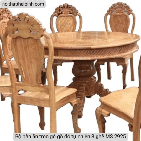 Bộ bàn ăn tròn gỗ gõ đỏ tự nhiên 8 ghế MS 2925