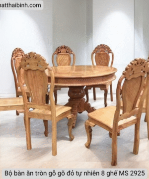 Bộ bàn ăn tròn gỗ gõ đỏ tự nhiên 8 ghế
