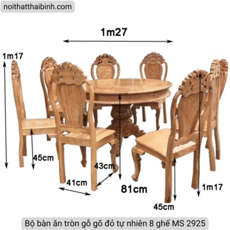 Bộ bàn ăn tròn gỗ gõ đỏ tự nhiên 8 ghế MS 2925