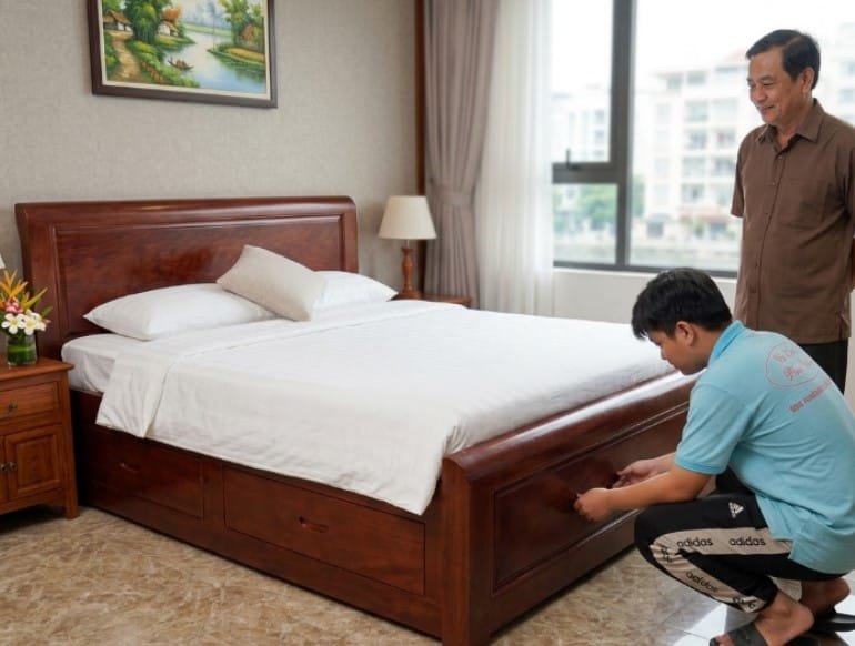 Giường ngủ gỗ màu óc chó đẹp