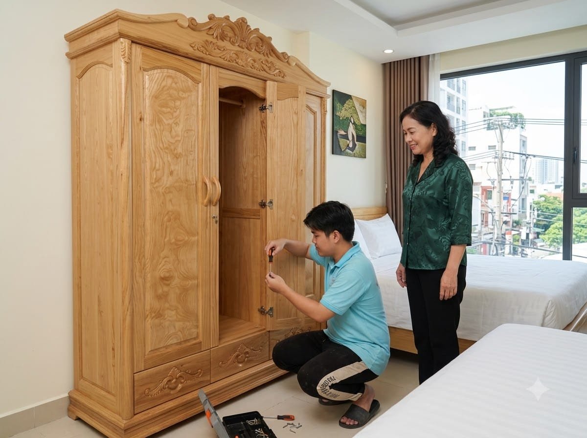 Tủ quần áo gỗ gõ đỏ 4 cánh cao cấp