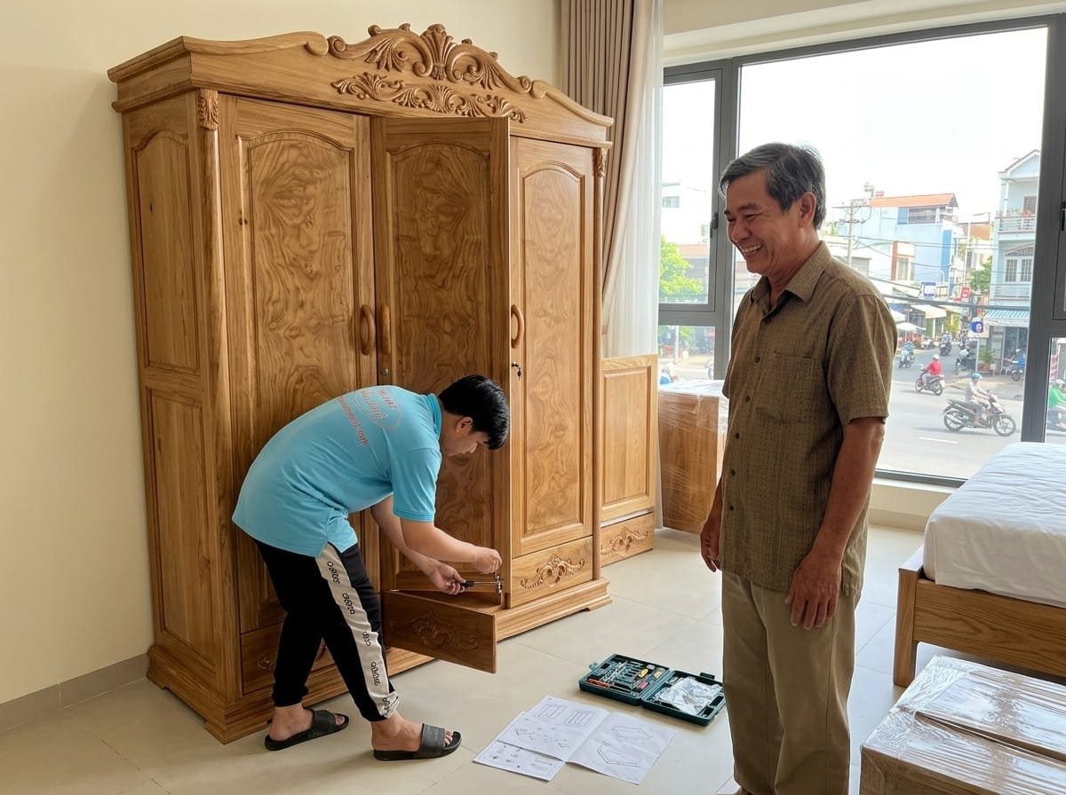 Tủ quần áo gỗ gõ đỏ 4 cánh đẹp