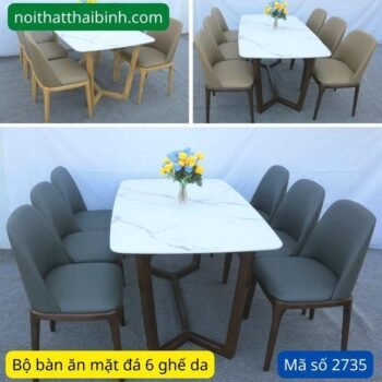 Bộ bàn ăn mặt đá 6 ghế da