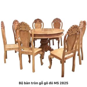 Bộ bàn ăn tròn gỗ gõ đỏ tự nhiên 8 ghế