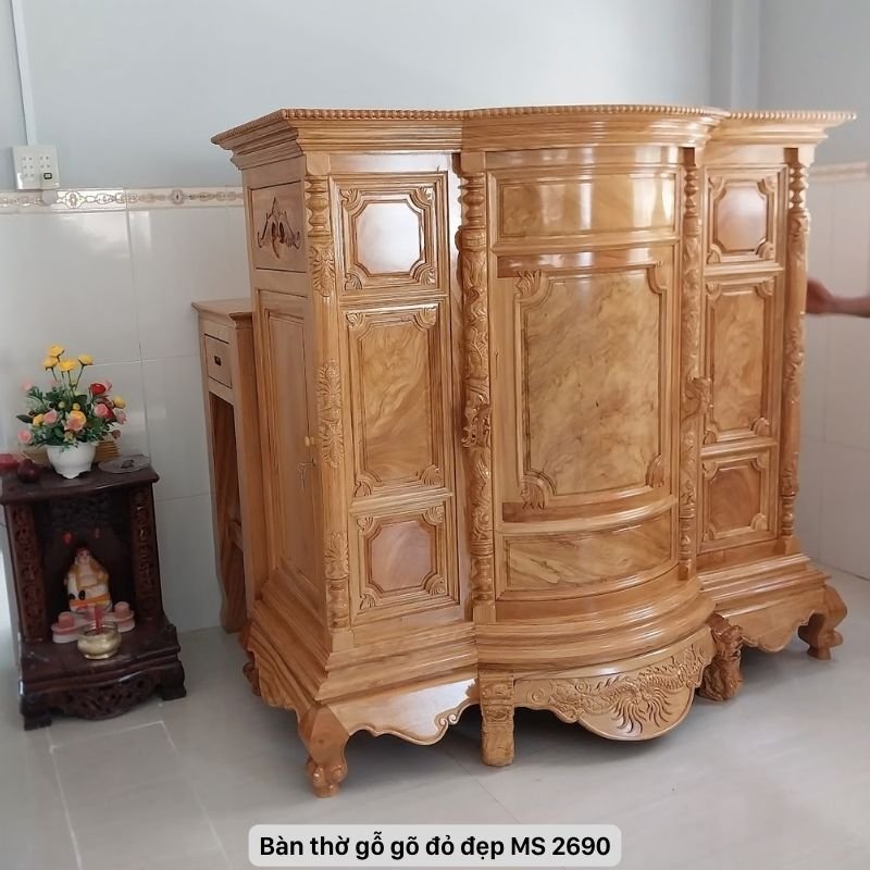 Bàn thờ gỗ gõ đỏ đẹp - bàn cúng gỗ gõ cao107, sâu 45, rộng 154cm