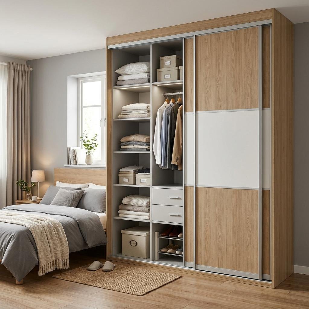 Tủ quần áo hiện đại melamine kết hợp kệ trang trí