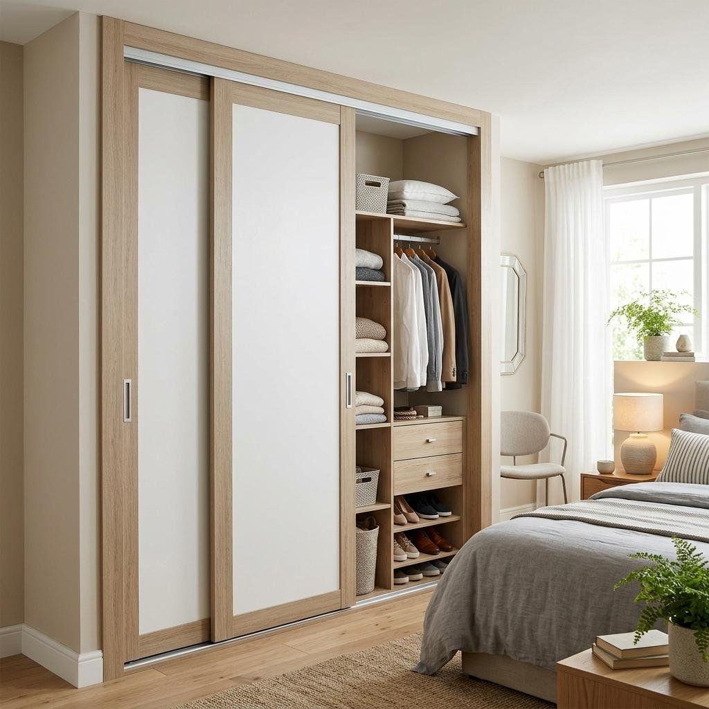 Tủ quần áo hiện đại melamine kết hợp kệ trang trí