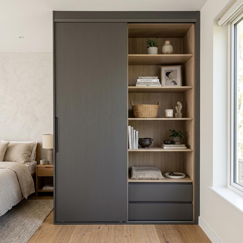 Tủ quần áo hiện đại melamine kết hợp kệ trang trí