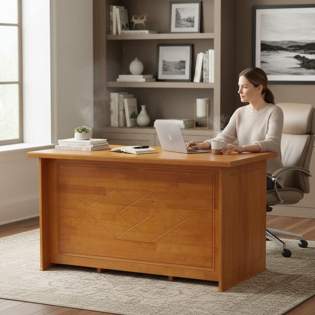 Bàn làm việc gỗ cao su 1m4 trong không gian văn phòng hiện đại