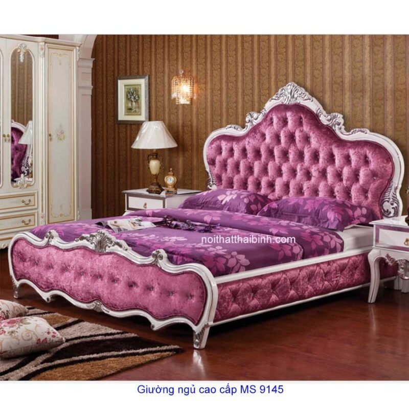 Giường ngủ cao cấp hoa văn dát bạc MS 9145  Giá 1m8  = 22.000.000