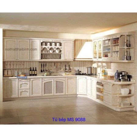 Tủ bếp gỗ cn sơn men trắng, kem MS 9088  GIÁ : 3.100.000 md