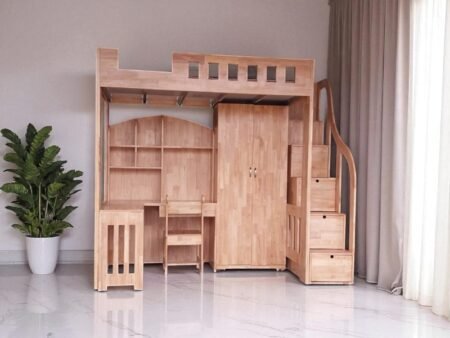 Giường tầng màu hồng có cầu trượt