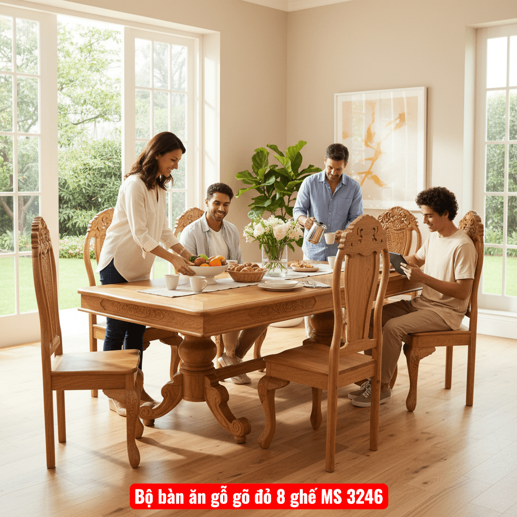 Bộ bàn ăn gỗ gõ đỏ 8 ghế MS 3246 1 Bộ bàn ăn gỗ gõ đỏ 8 ghế MS 3246