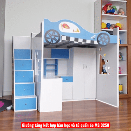 Giường tầng có bàn học và tủ quần áo cho bé