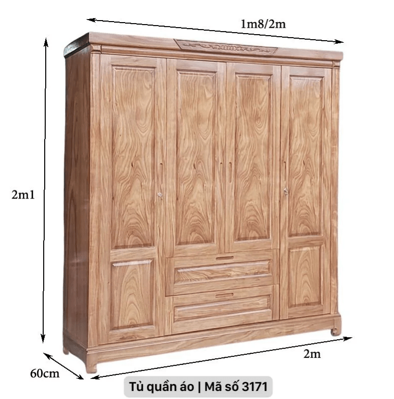 Tủ quần áo gỗ 4 cánh tự nhiên cao cấp