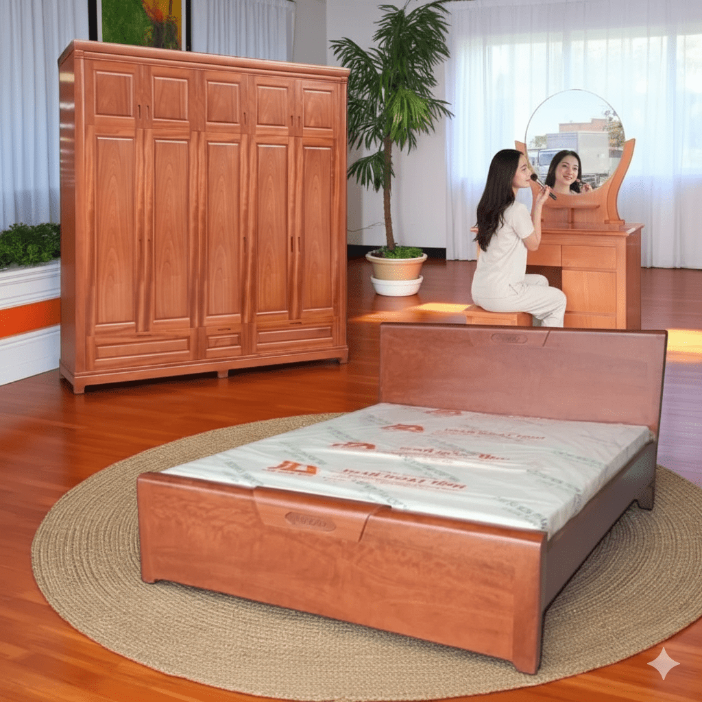 Giường ngủ 1m8 trong bộ giường tủ phòng ngủ gỗ tự nhiên