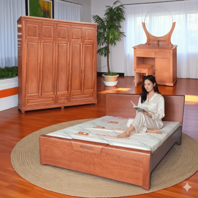 Giường ngủ 1m8 trong bộ giường tủ phòng ngủ gỗ tự nhiên