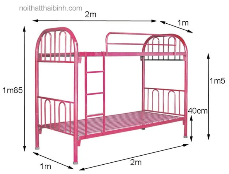 Giường tầng sắt sơn tĩnh điện màu đỏ đô kích thước 1m2