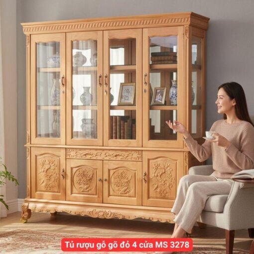 Tủ rượu gỗ gõ đỏ 4 cửa MS 3278 | Giá bá= 29tr5