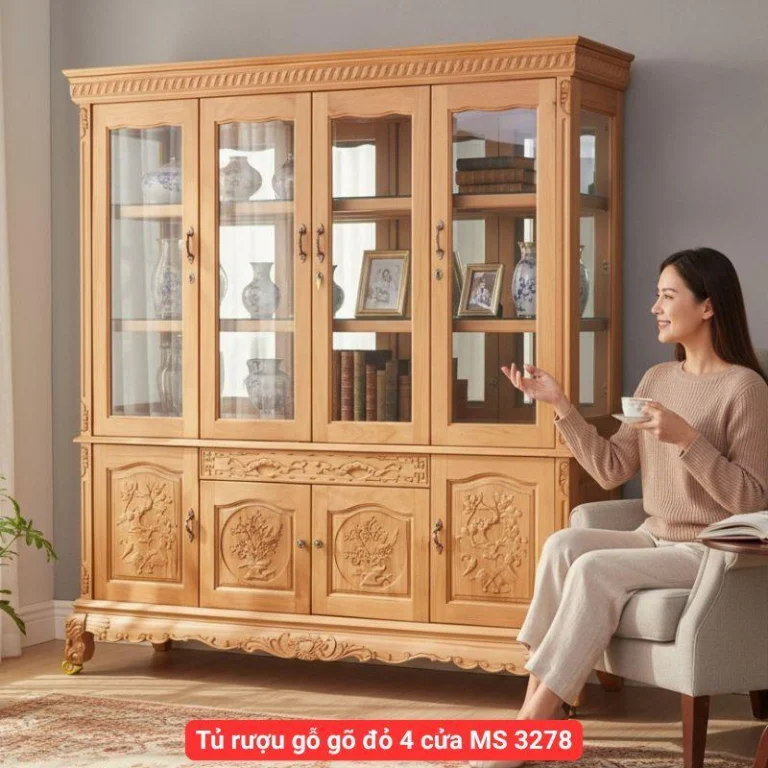 Tủ rượu gỗ gõ đỏ 4 cửa MS 3278 | Giá bá= 29tr5