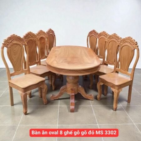 Bàn ăn oval 8 ghế gỗ gõ đỏ MS 3302