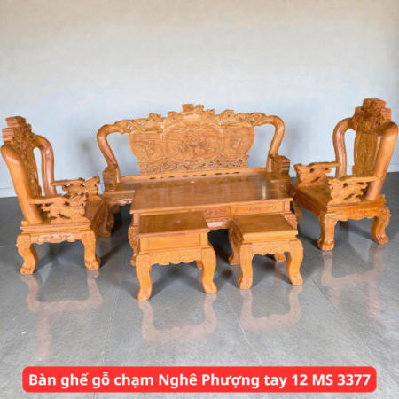 Bàn ghế salon gỗ chạm Nghê Phượng tay 12 MS 3377