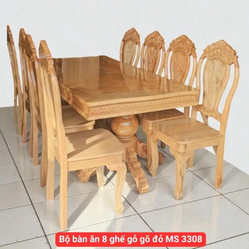Bộ bàn ăn 8 ghế gỗ gõ đỏ MS 3308 Bộ bàn ăn 8 ghế gỗ gõ đỏ MS 3308