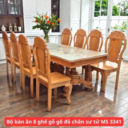Bộ bàn ăn 8 ghế gỗ gõ đỏ chân sư tử MS 3341
