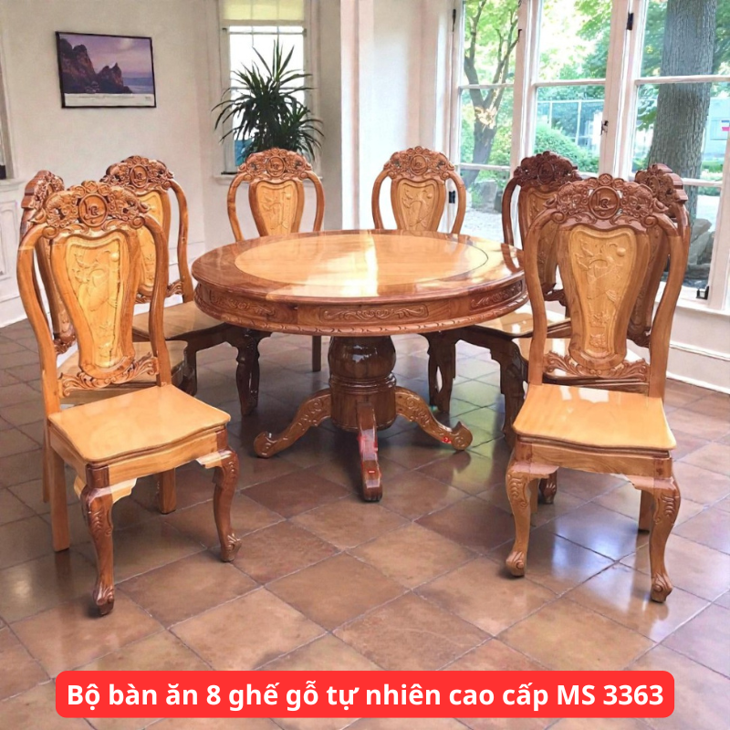 Bộ bàn ăn 8 ghế gỗ tự nhiên cao cấp MS 3363 Bộ bàn ăn 8 ghế gỗ tự nhiên cao cấp MS 3363