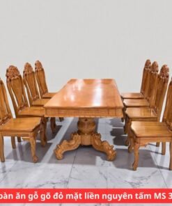Bộ bàn ăn gỗ gõ đỏ mặt liền nguyên tấm 3 phân MS 3340