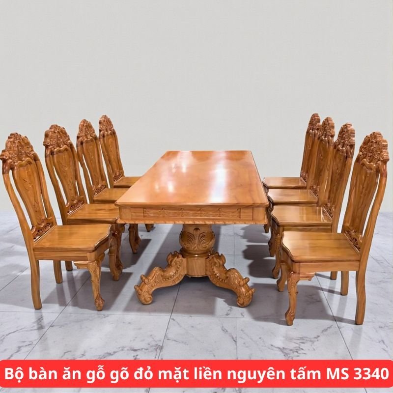 Bộ bàn ăn gỗ gõ đỏ mặt liền nguyên tấm 3 phân MS 3340 1 Bộ bàn ăn gỗ gõ đỏ mặt liền nguyên tấm 3 phân MS 3340