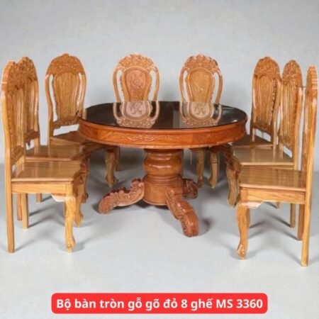 Bộ bàn tròn gỗ gõ đỏ 8 ghế MS 3360