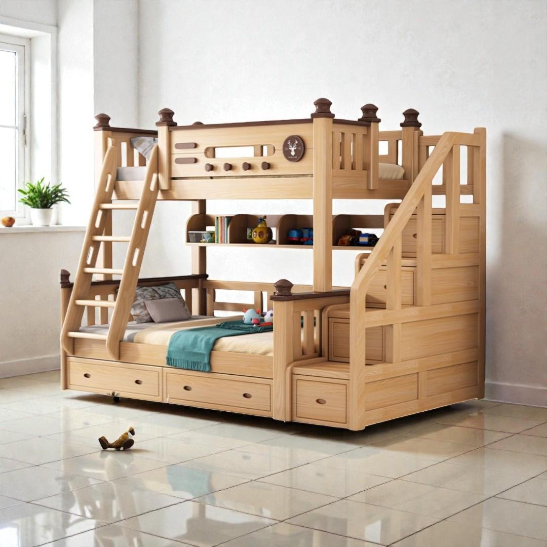 Phòng ngủ trẻ em bố trí giường gỗ 2 tầng đẹp mắt