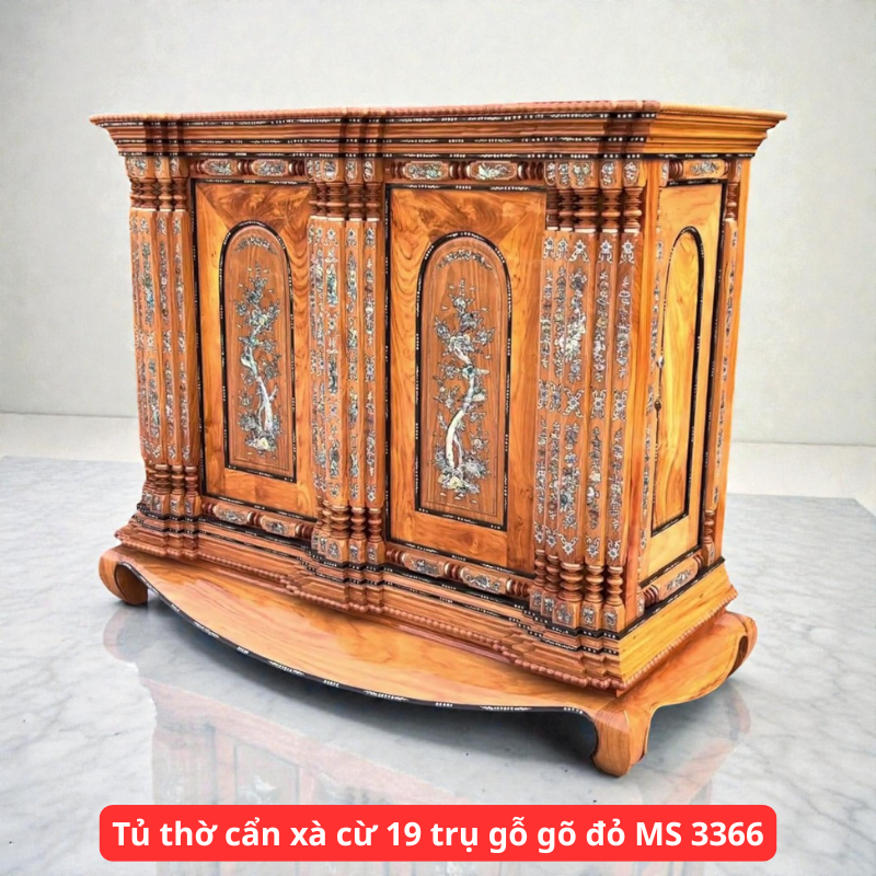 Tủ thờ cẩn xà cừ 19 trụ gỗ gõ đỏ MS 3366 Tủ thờ cẩn xà cừ 19 trụ gỗ gõ đỏ MS 3366