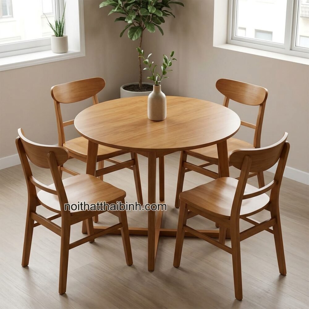 Bàn Ăn Gỗ Tự Nhiên: Bí Quyết Chọn Mua Chuẩn Thợ Mộc 30 Năm Kinh Nghiệm Bàn ăn gỗ tròn cao su 4 ghế cho căn hộ