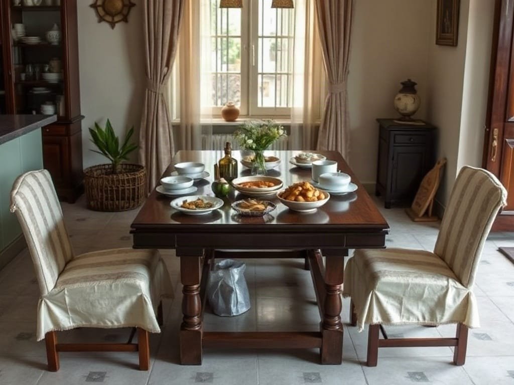 Bàn ăn đa năng trong nhà Việt Nam, chuẩn bị sẵn với đồ ăn.
