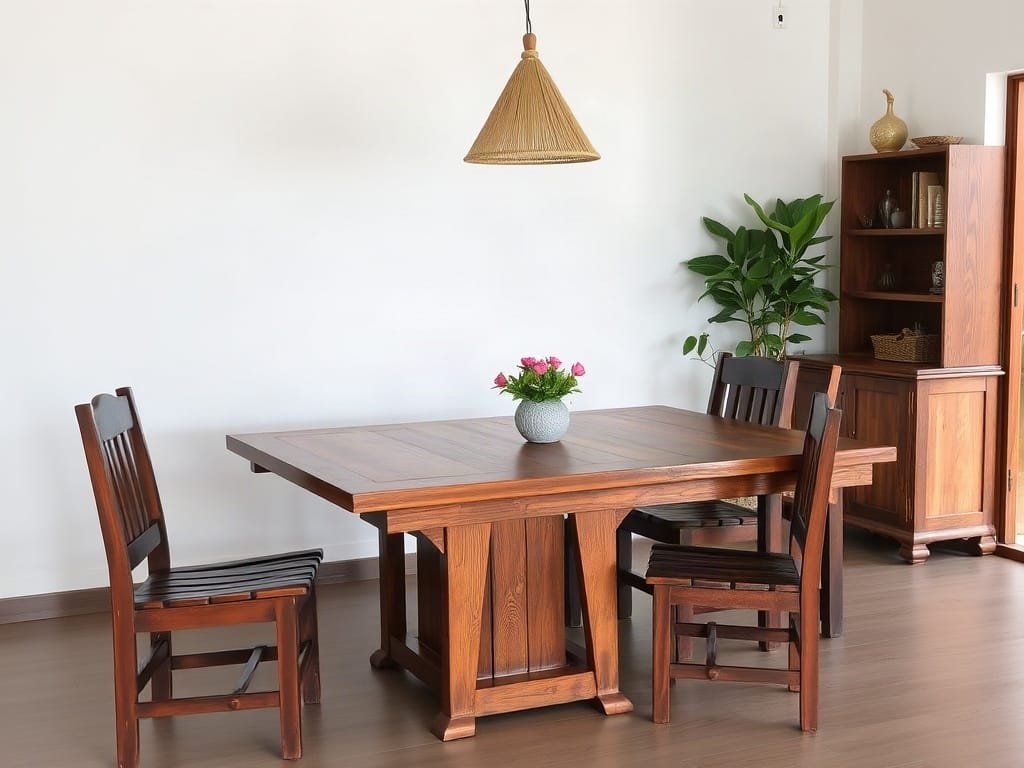 Bàn ăn gỗ mộc mạc và ghế trong nhà Việt Nam.