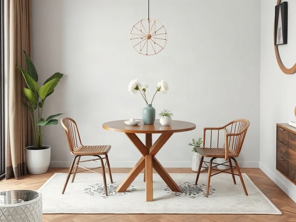Bàn ăn hiện đại nhỏ với yếu tố trang trí kiểu Việt Nam.