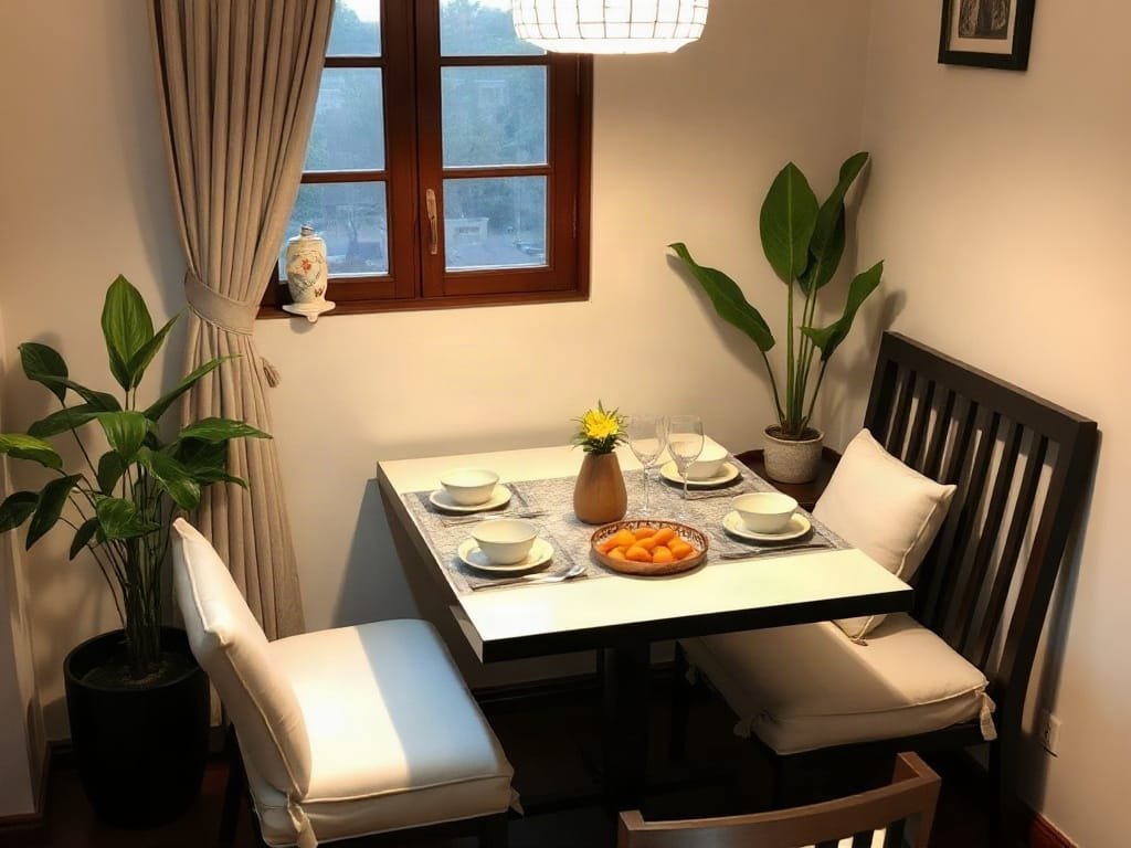Bàn ăn nhỏ gọn trong không gian ấm cúng của nhà Việt Nam.