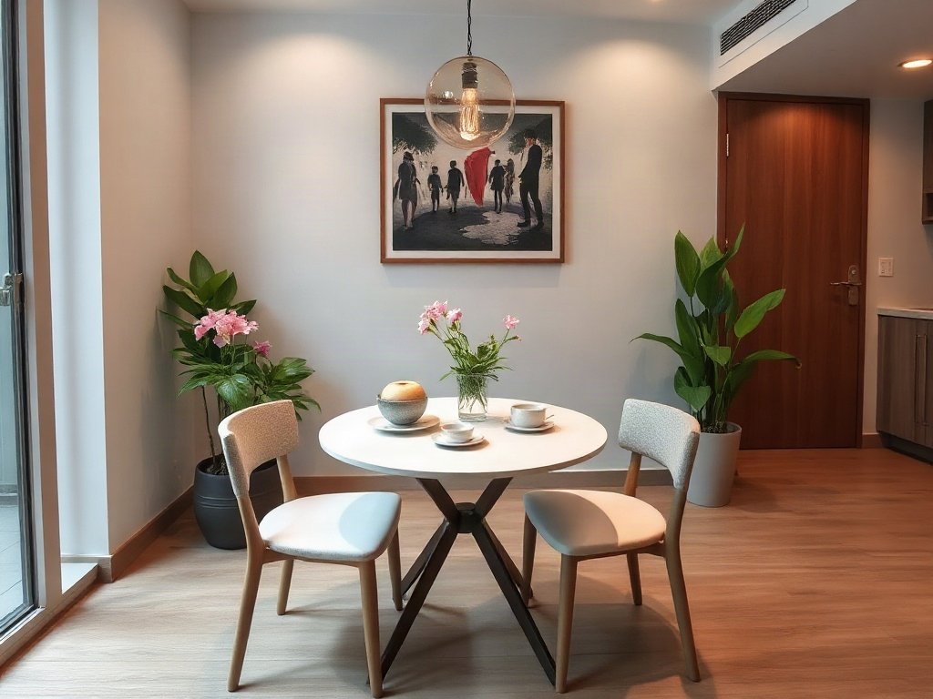 Bàn ăn tròn nhỏ trong căn hộ Việt Nam, với trang trí đơn giản.