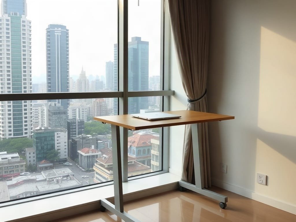 Bàn đứng nhìn ra cảnh quan thành phố từ cửa sổ lớn trong căn hộ Việt Nam