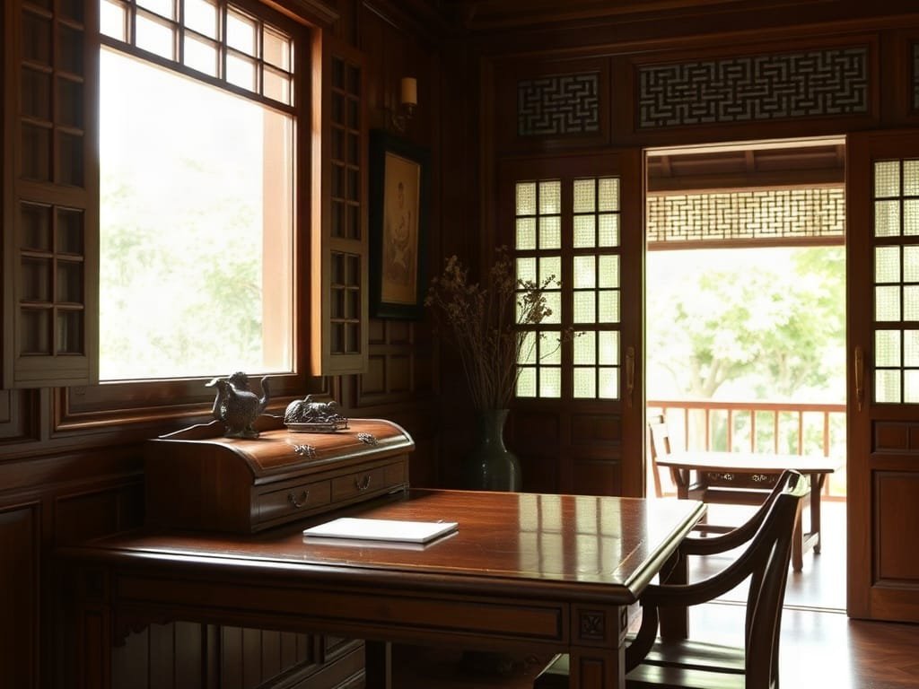 Bàn gỗ đẹp bên cửa sổ trong biệt thự Việt Nam