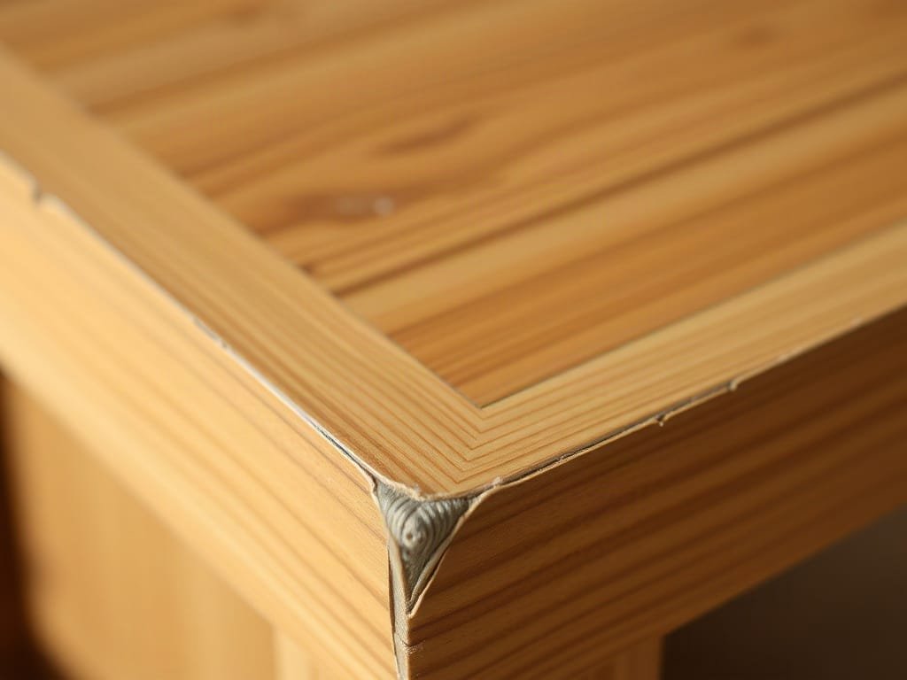 Bàn gỗ ép với cạnh bị sứt mẻ