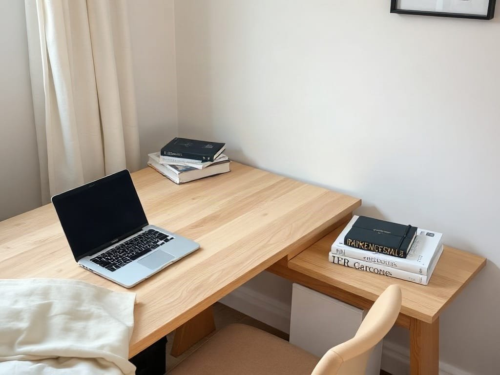 Bàn gỗ tự nhiên với laptop và sách trong bối cảnh phòng ngủ tĩnh lặng.