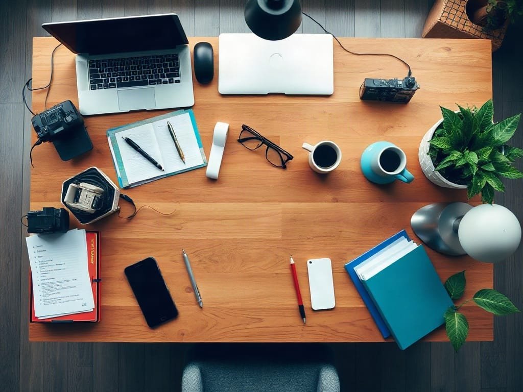 Bàn gỗ với các vật dụng công việc trong không gian hiện đại
