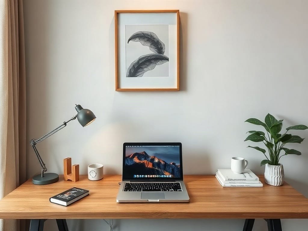 Bàn làm việc gỗ với laptop và sách trong căn hộ Việt