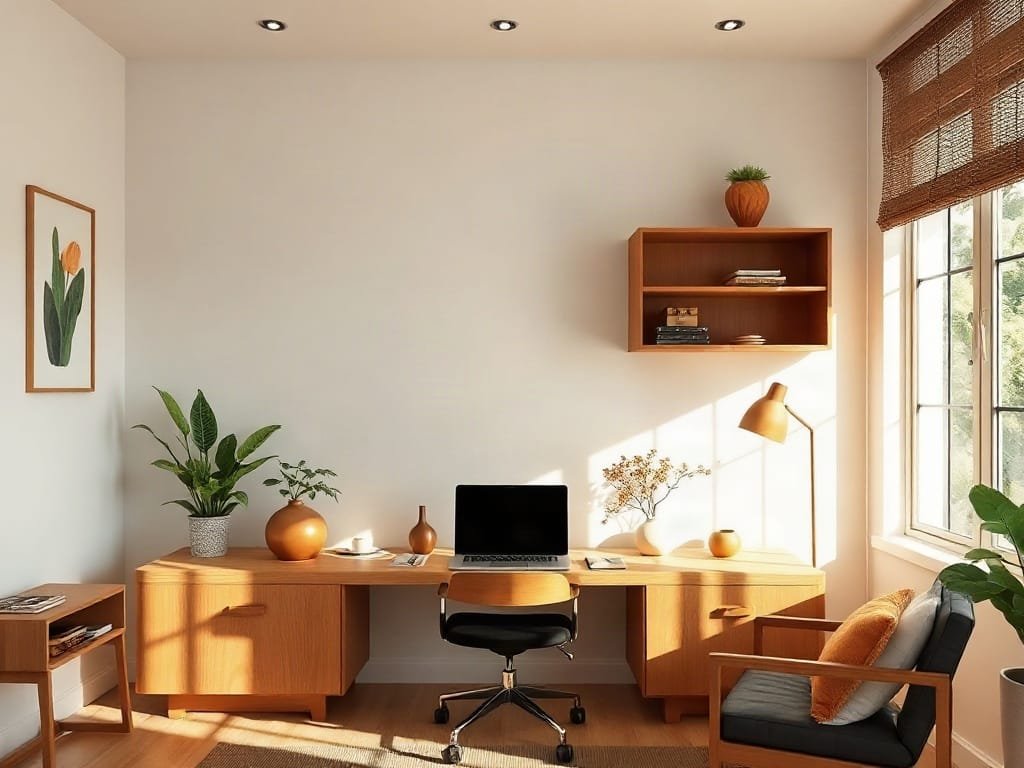 Bàn làm việc phong cách Việt Nam với ánh sáng tự nhiên và món đồ trang trí.