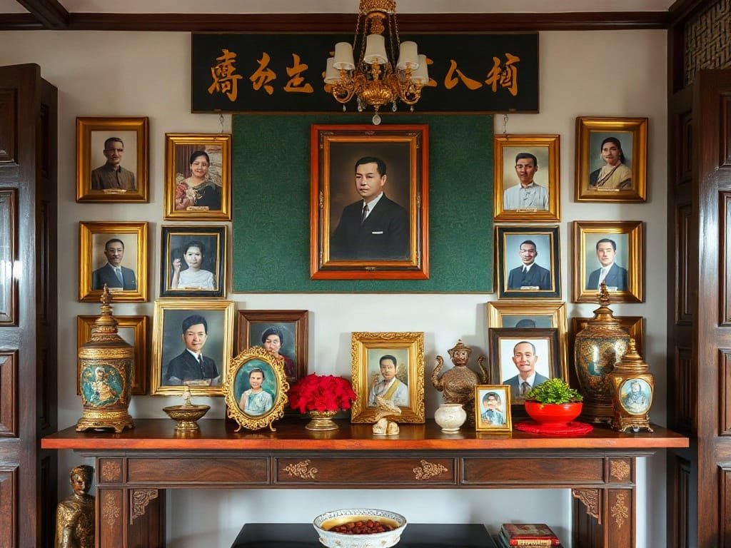 Bàn thờ gia đình kèm ảnh chân dung tổ tiên trong ngôi nhà Việt Nam cổ điển