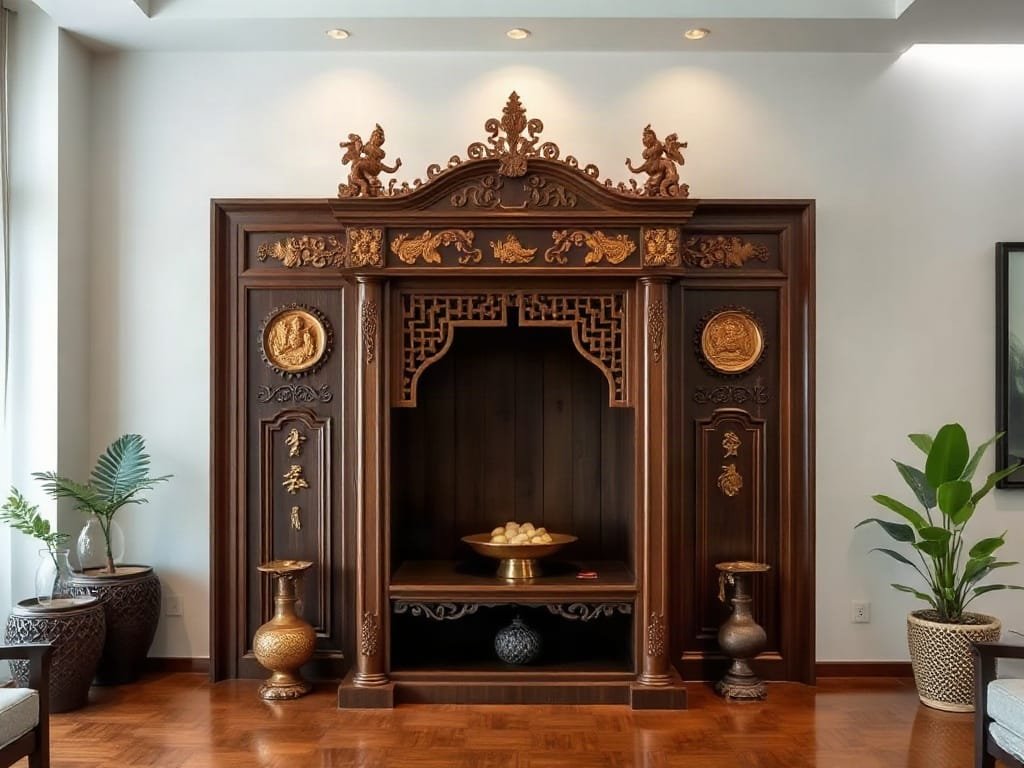Bàn thờ gỗ được chạm khắc tinh xảo trong căn hộ hiện đại Việt Nam